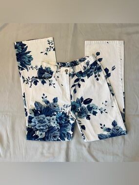 Vintage Y2K Cottagecore White Straight Leg Blue Floral Denim Jeans by Together